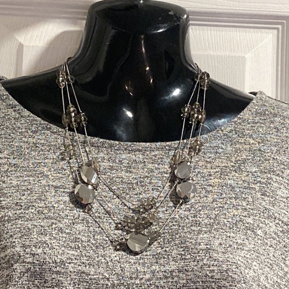 Chico’s NWOT - Triple Strand Silvertone Necklace with Smokey Crystals & Earrings - Picture 3 of 13